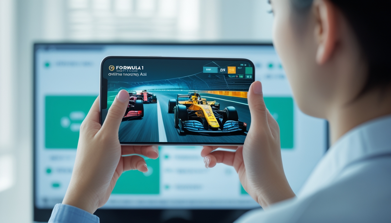 Seseorang memegang ponsel yang menampilkan antarmuka balap Formula 1 dengan latar belakang digital yang menunjukkan transaksi mudah dan dukungan mobile.