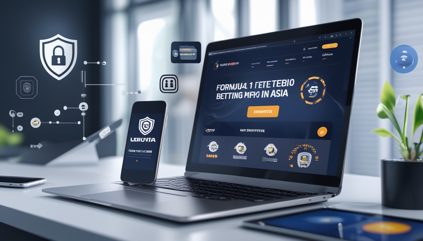 Sebuah laptop dan perangkat mobile di meja kerja menampilkan platform taruhan Formula 1 dengan simbol keamanan dan transaksi digital.