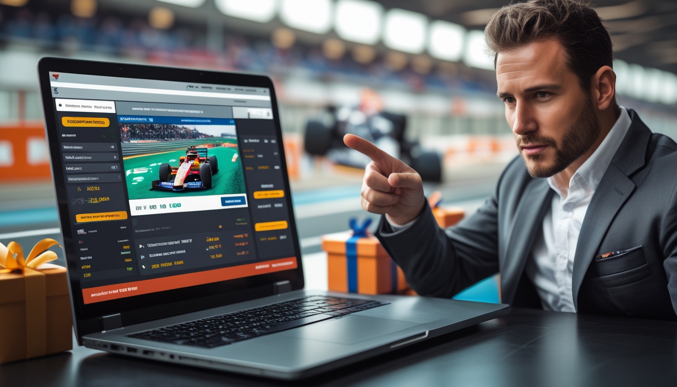 Seorang ahli menunjuk layar laptop yang menampilkan statistik dan peluang taruhan Formula 1 di meja kerja modern dengan latar belakang mobil Formula 1 yang sedang berlomba.
