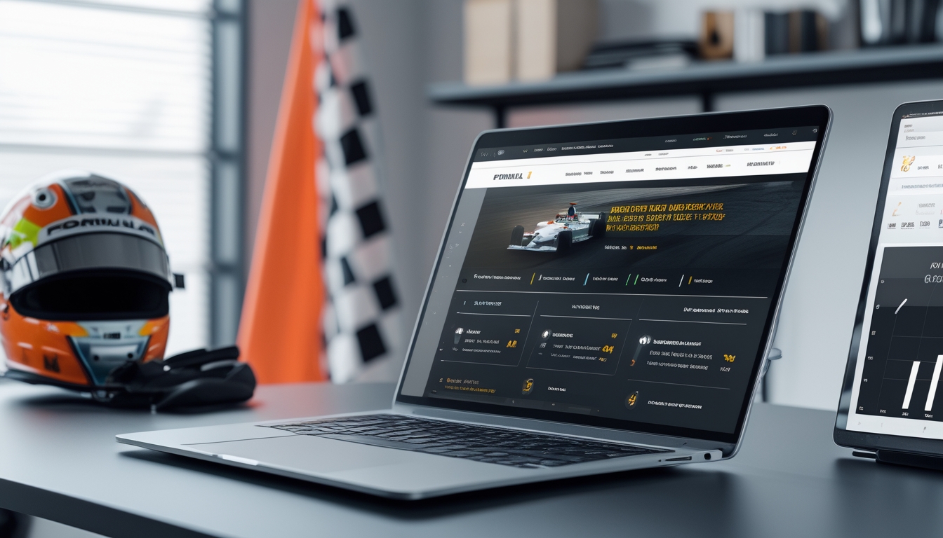 Seorang pria menggunakan laptop di meja kerja dengan tampilan situs taruhan Formula 1 online di layar, dikelilingi oleh helm balap dan bendera kotak-kotak.