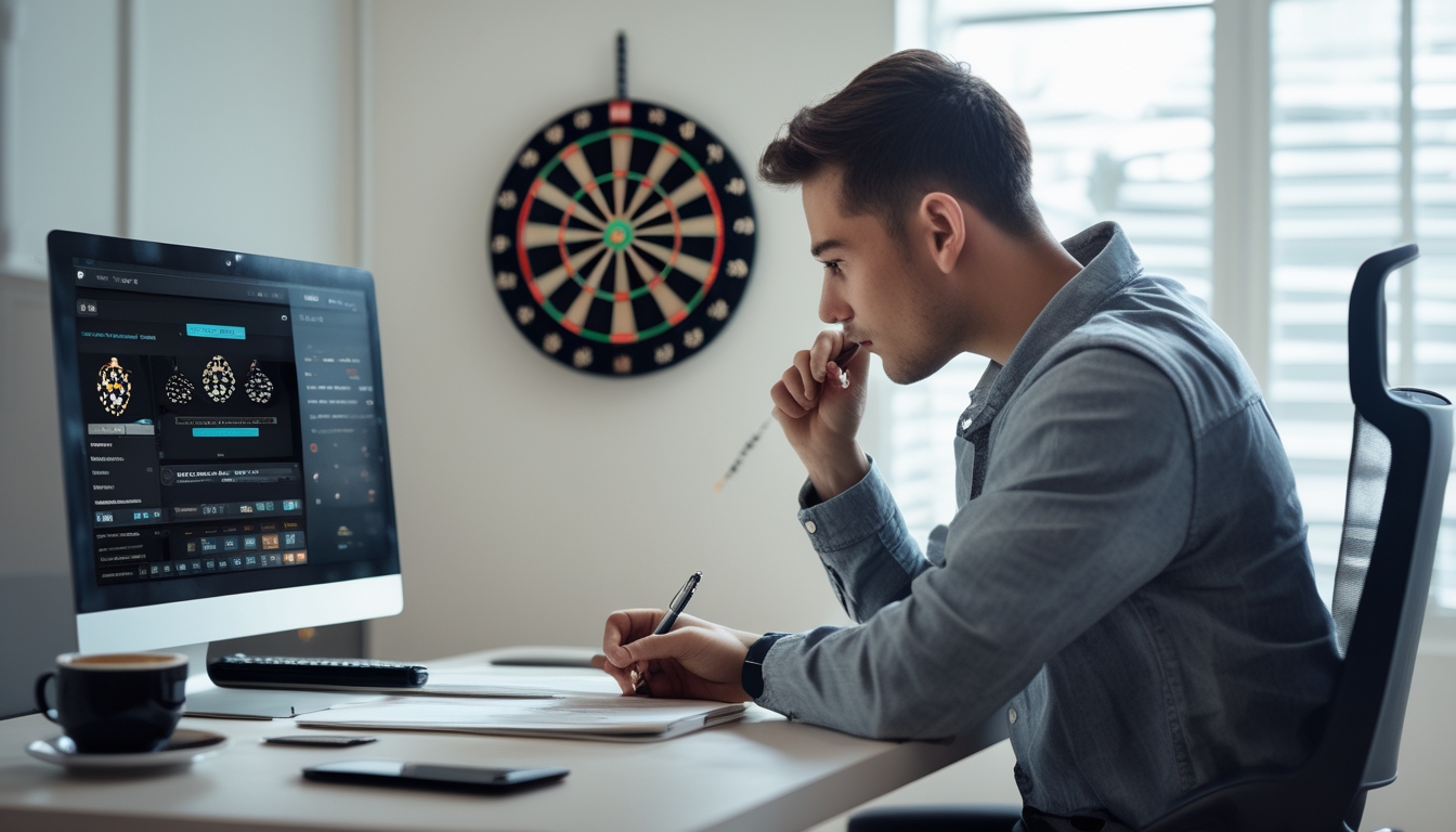 Seorang pria muda sedang duduk di meja dengan laptop dan papan dart di latar belakang, fokus merencanakan strategi taruhan dart online.