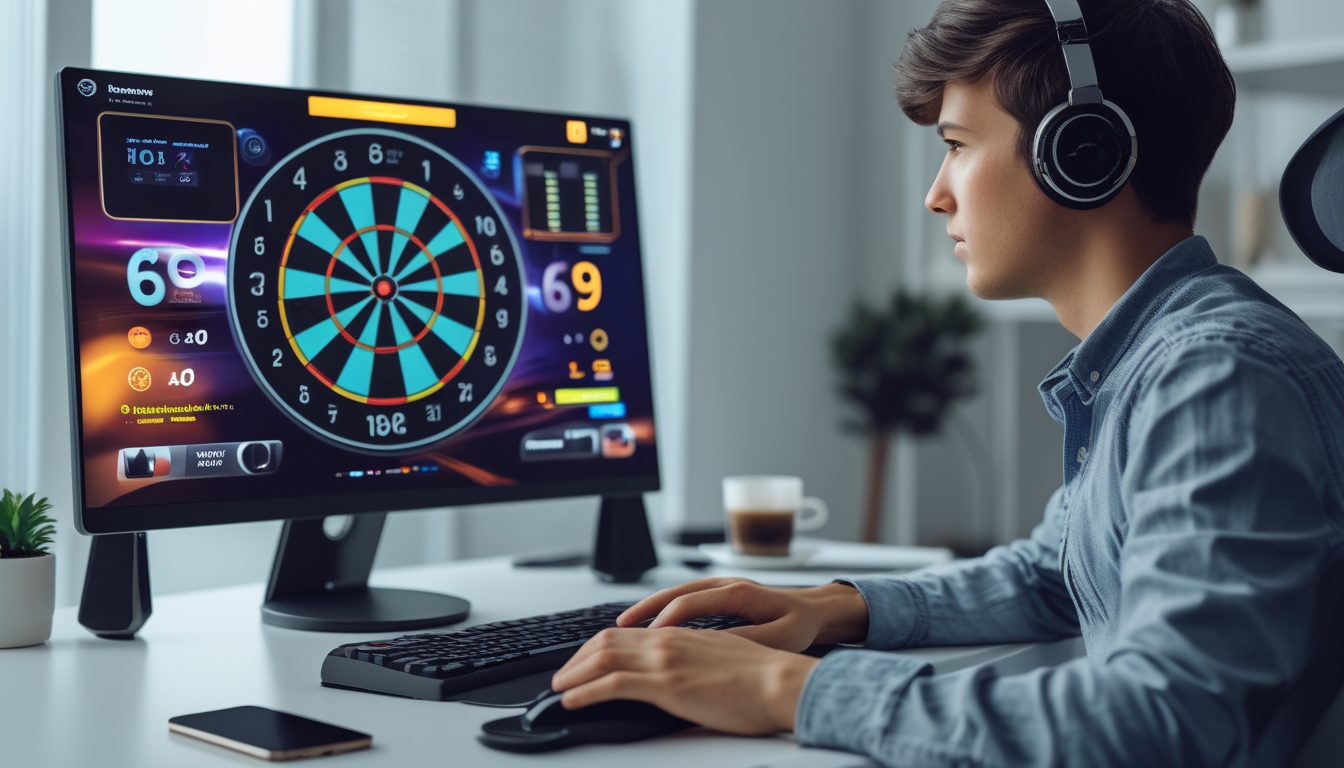 Seorang pemain muda sedang bermain dart online di depan komputer dengan papan dart digital dan statistik permainan di layar.