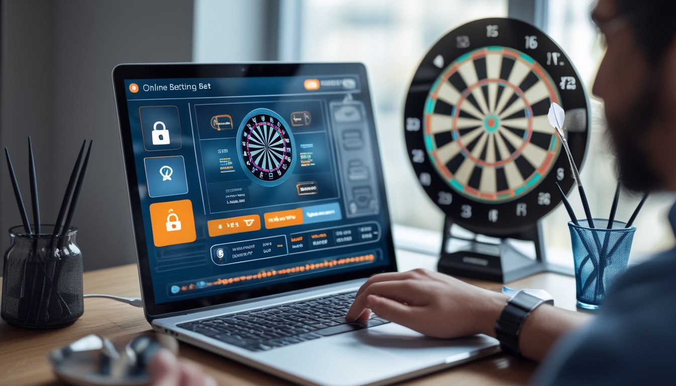 Seseorang memegang anak panah dart di depan papan dart dengan komputer yang menampilkan permainan taruhan dart secara online.
