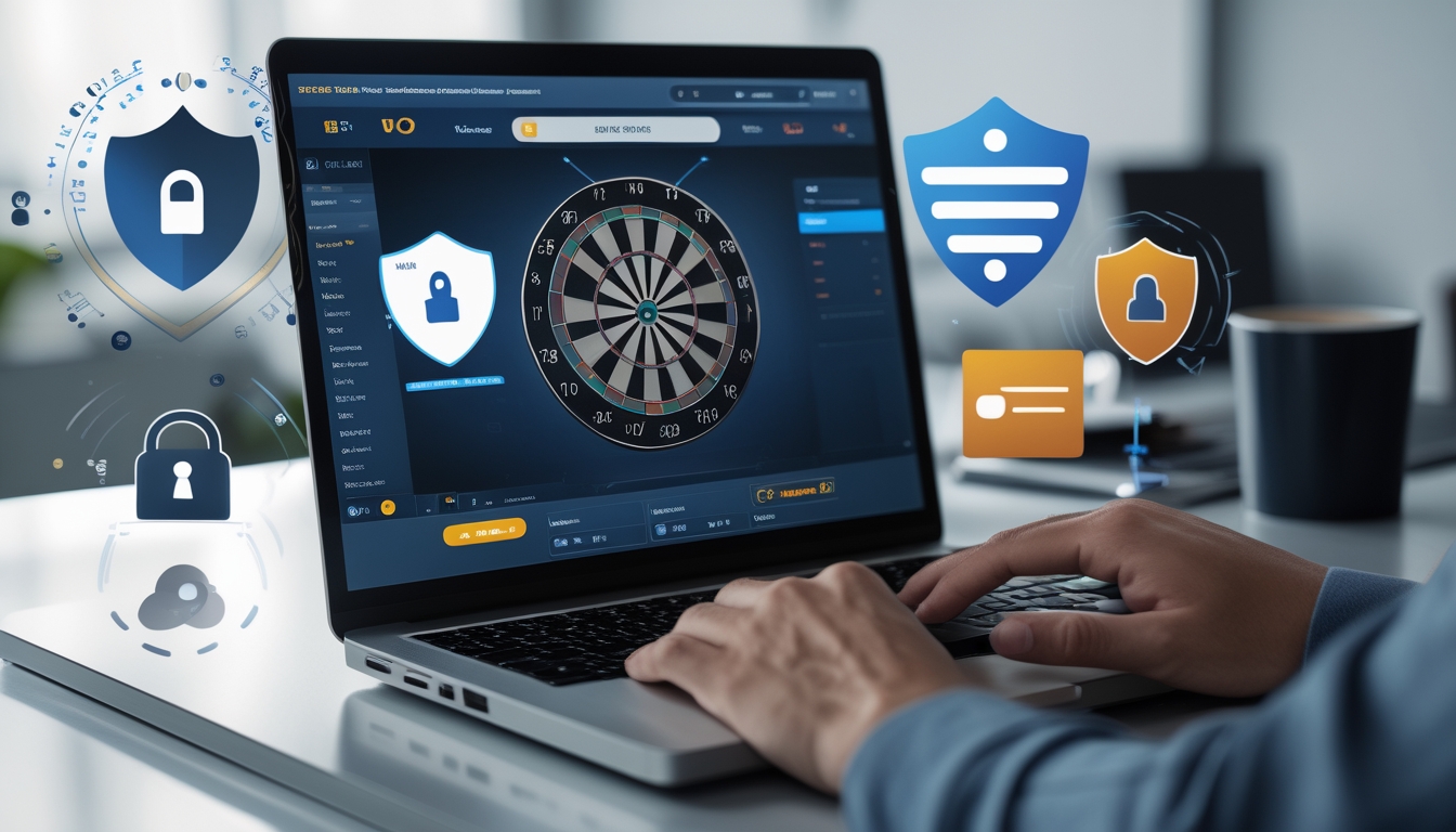 Seorang pengguna duduk di depan laptop yang menampilkan papan dart dan antarmuka taruhan, dengan simbol keamanan seperti gembok dan perisai di sekitar, menunjukkan situs taruhan dart yang aman dan terpercaya.