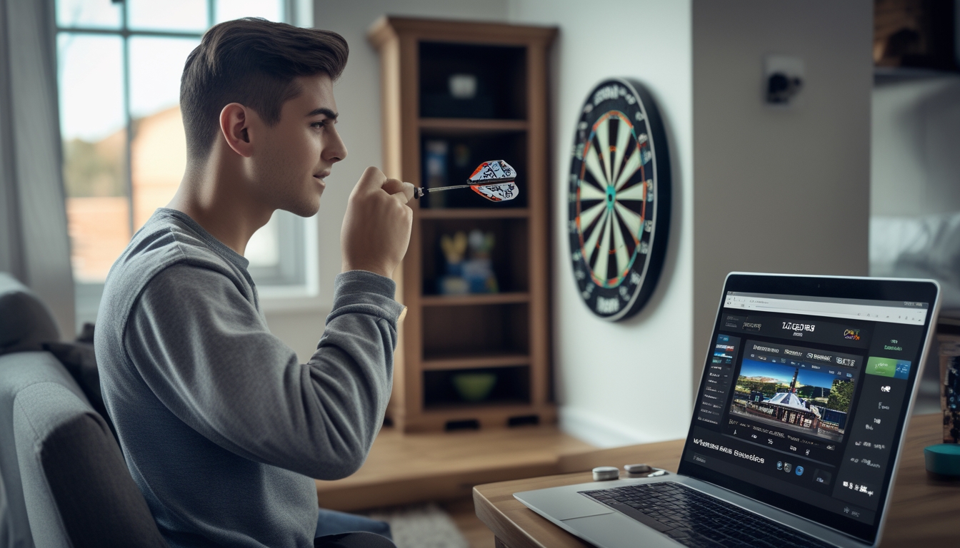Seorang pria muda fokus bermain dart di dalam ruangan dengan papan dart di dinding dan layar perangkat yang menampilkan siaran langsung permainan dart.