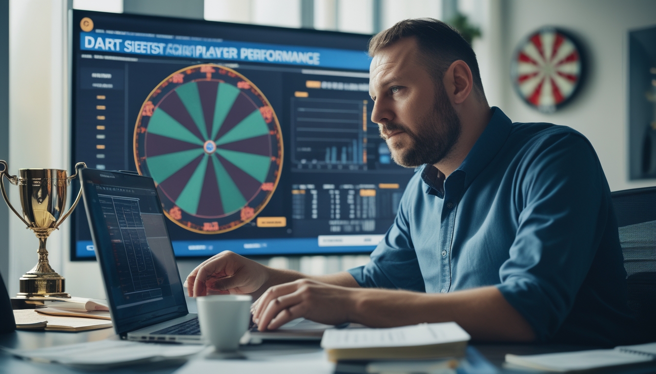 Seorang pria sedang menganalisis performa pemain dart di kantor dengan layar besar yang menampilkan statistik dan grafik.