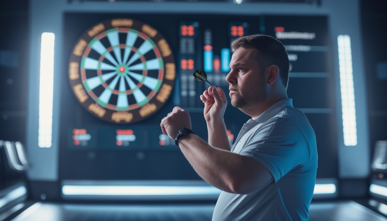 Seorang pemain dart fokus melempar dart ke papan dart di arena dalam ruangan dengan papan skor dan catatan analisis di latar belakang.