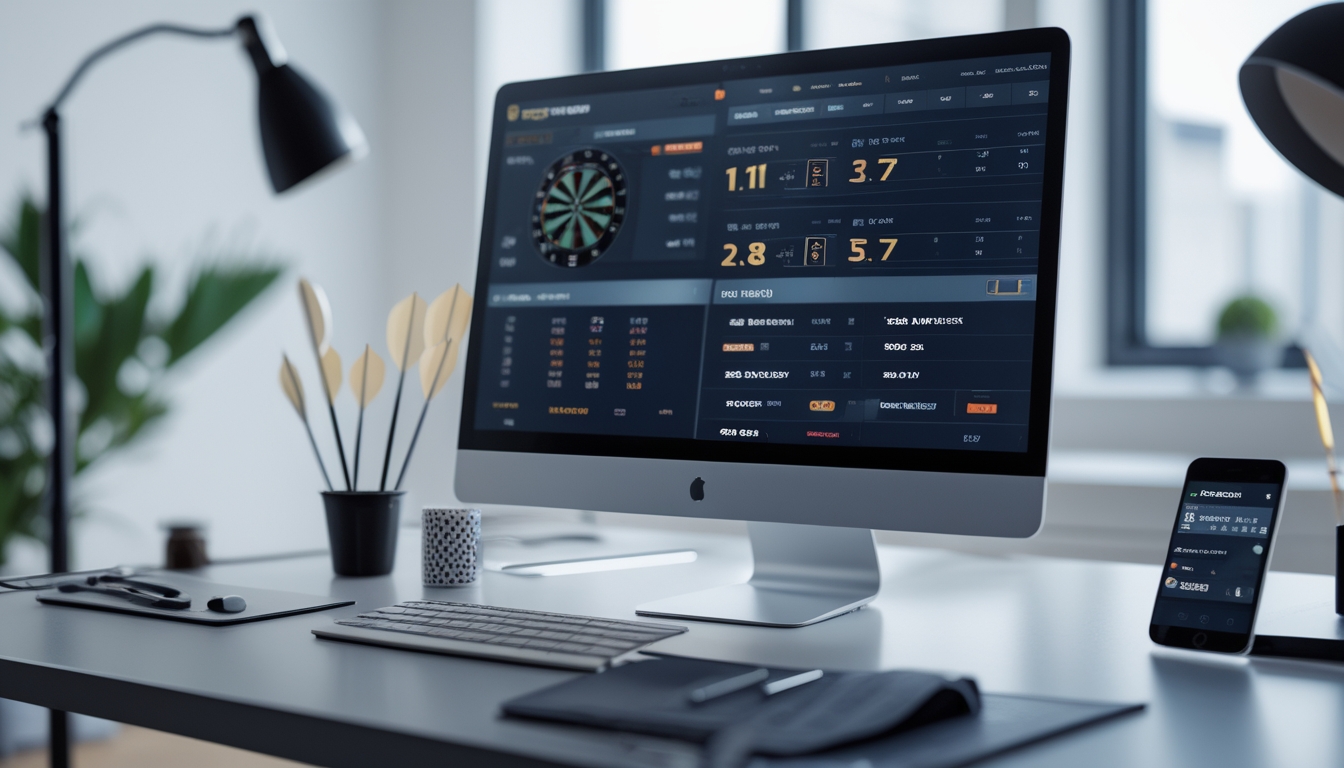 Sebuah meja kerja dengan komputer yang menampilkan papan dart digital dan aplikasi taruhan, dilengkapi dengan dart dan ponsel di sekitarnya.