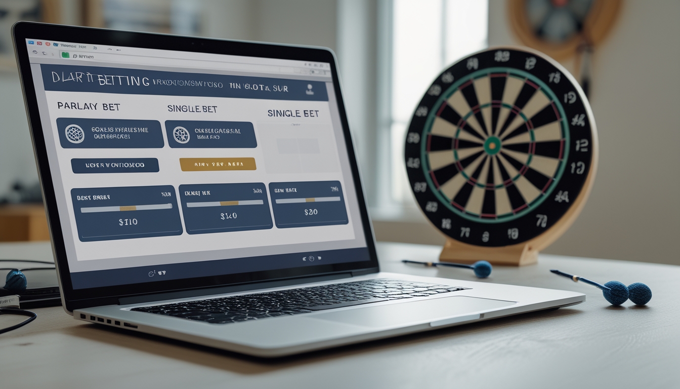 Meja kerja dengan laptop yang menampilkan situs taruhan dart online, dart, dan papan dart di latar belakang.
