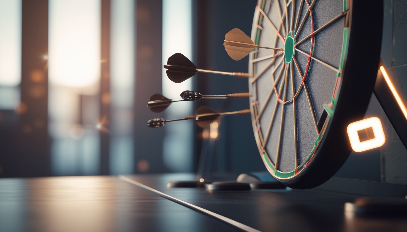Papan dart dengan beberapa panah yang mengenai bullseye di ruangan yang terang dan modern.