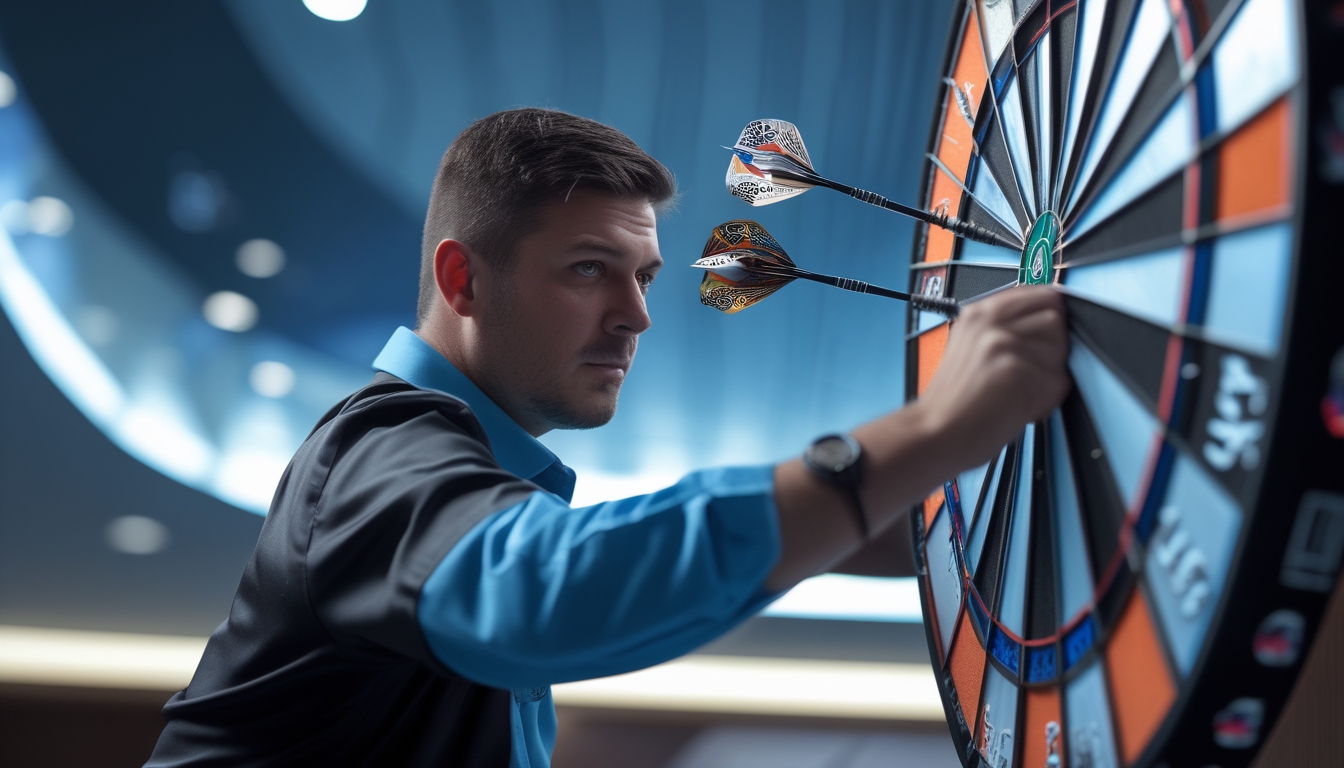 Seorang pemain dart profesional sedang mengarahkan dart ke papan dart dalam pertandingan kompetitif.