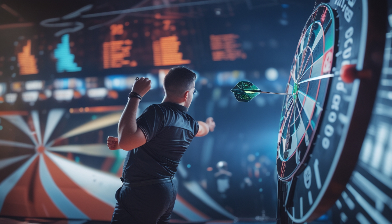 Seorang pemain dart profesional sedang melempar dart dengan fokus di arena dart dalam ruangan.