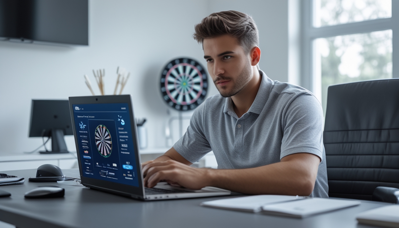 Seorang pria muda duduk di meja dengan laptop terbuka menampilkan permainan dart, di latar belakang terlihat papan dart dan dart, suasana ruangan rapi dan terang.