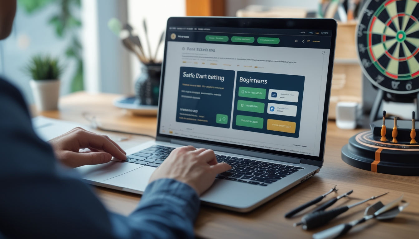 Seseorang menggunakan laptop di meja kerja dengan papan dart dan anak panah di sekitarnya, menggambarkan pengalaman taruhan dart online yang aman dan terpercaya.