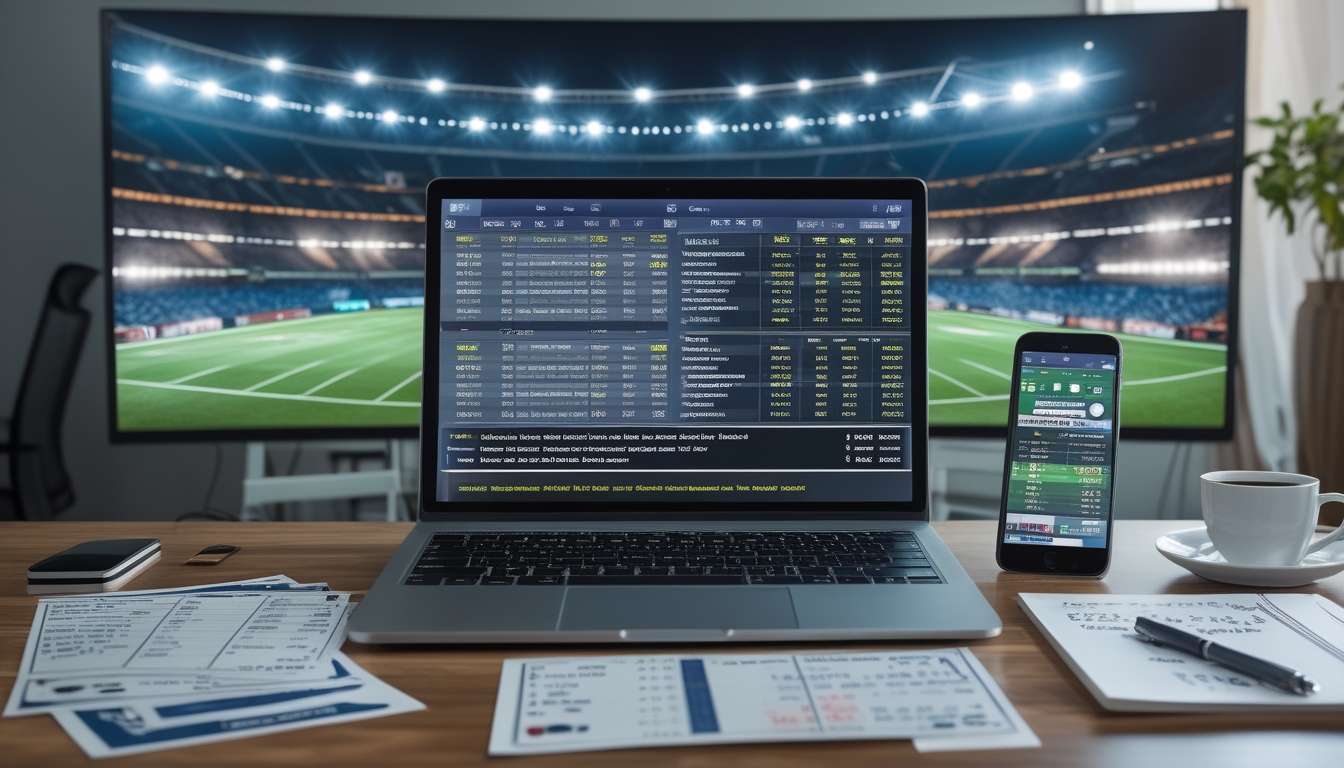 Meja kerja dengan laptop menampilkan statistik taruhan sepak bola, slip taruhan, ponsel dengan pembaruan pertandingan, dan layar besar stadion sepak bola di latar belakang.