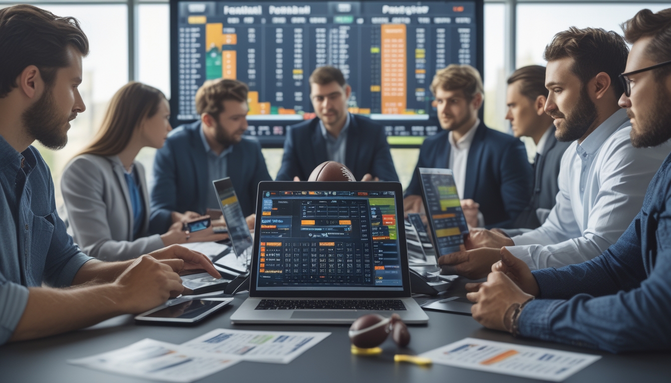 Sekelompok orang sedang berdiskusi di sekitar meja dengan perangkat digital yang menampilkan data taruhan sepak bola dan grafik strategi taruhan.