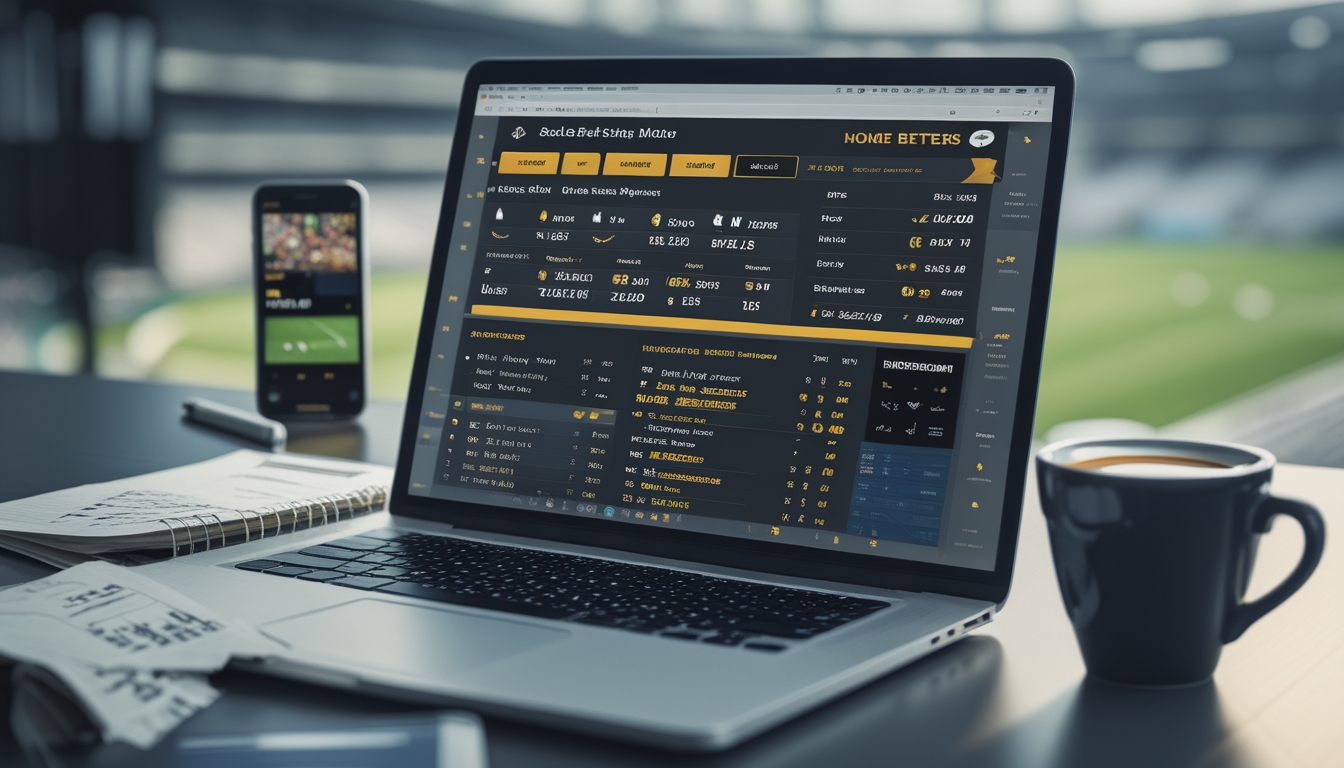 Seorang pria sedang menganalisis peluang taruhan bola online di depan laptop dengan layar menampilkan statistik dan peluang tim underdog.