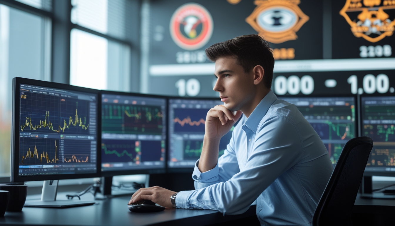 Seorang analis olahraga sedang melihat layar komputer dengan data statistik dan grafik taruhan sepak bola di kantor modern.