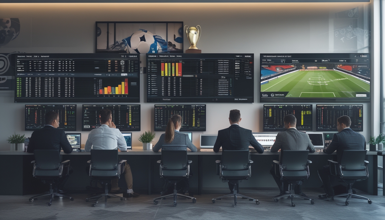 Sekelompok profesional sedang menganalisis data taruhan Liga Champions di ruang kantor modern dengan komputer dan perangkat digital.