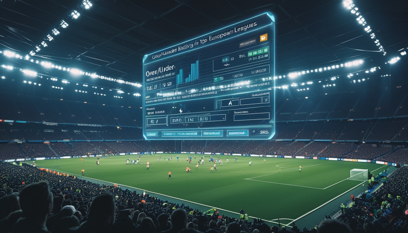 Suasana stadion sepak bola yang ramai dengan pemain yang sedang beraksi dan tampilan grafik taruhan di latar depan.