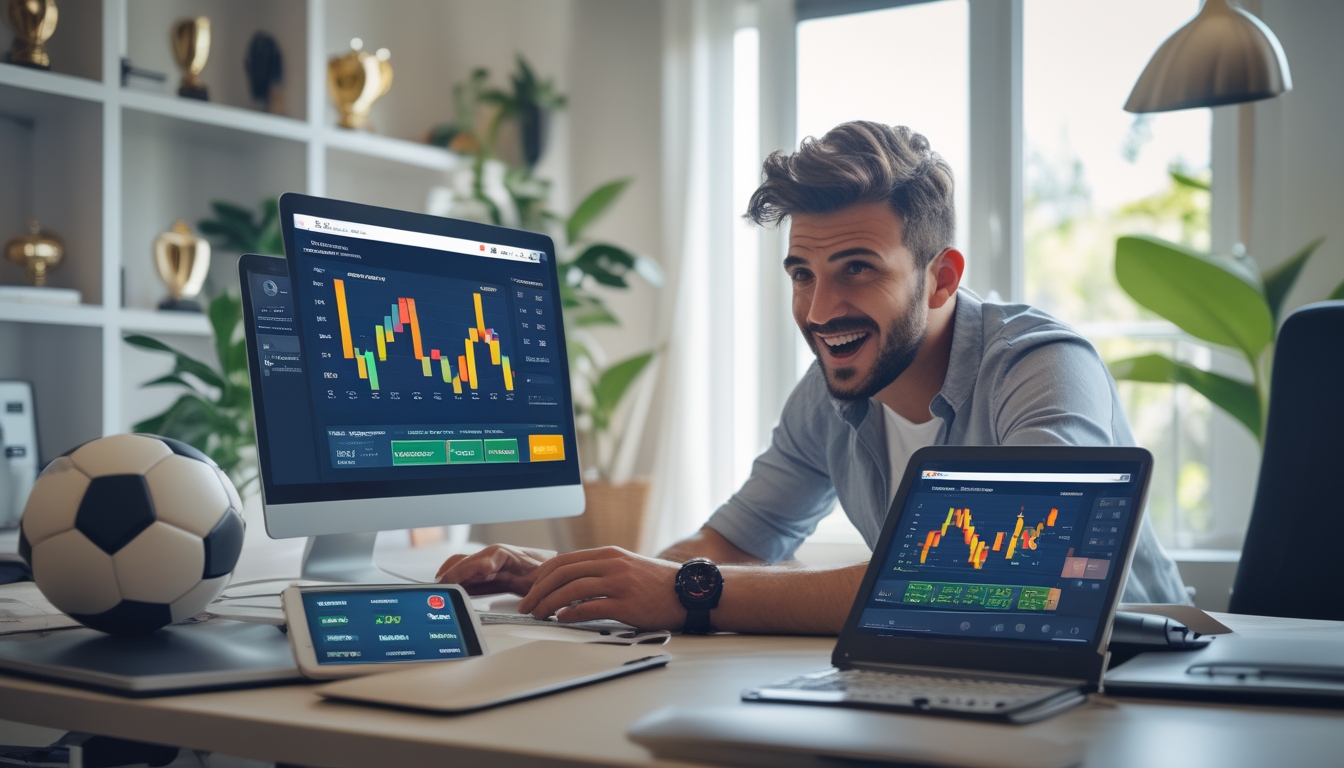 Seorang pria antusias duduk di meja dengan laptop dan perangkat digital menampilkan data taruhan bola online.