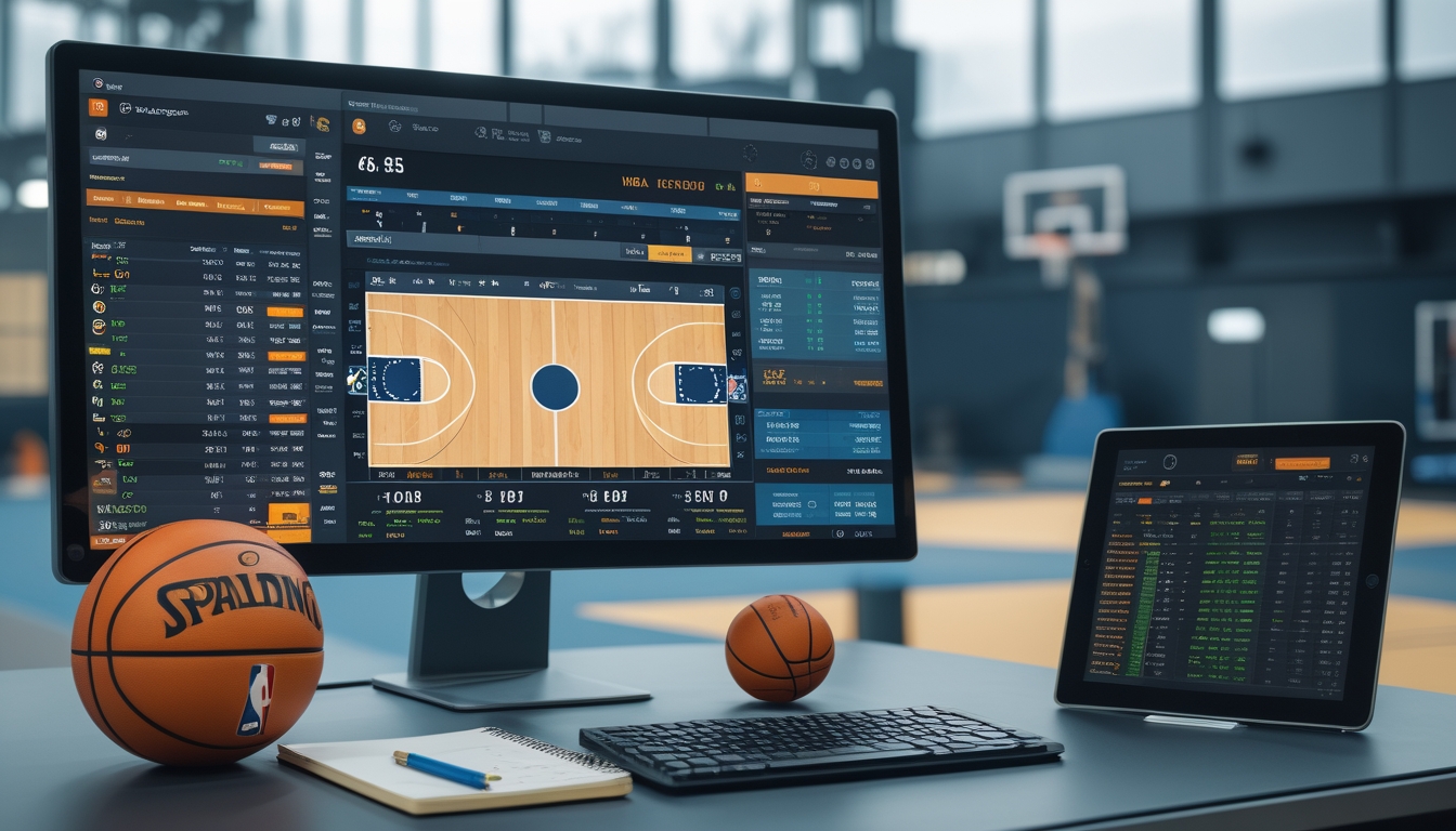 Suasana ruang kerja dengan komputer menampilkan statistik dan peluang taruhan basket NBA, dilengkapi dengan mini bola basket dan catatan strategi.