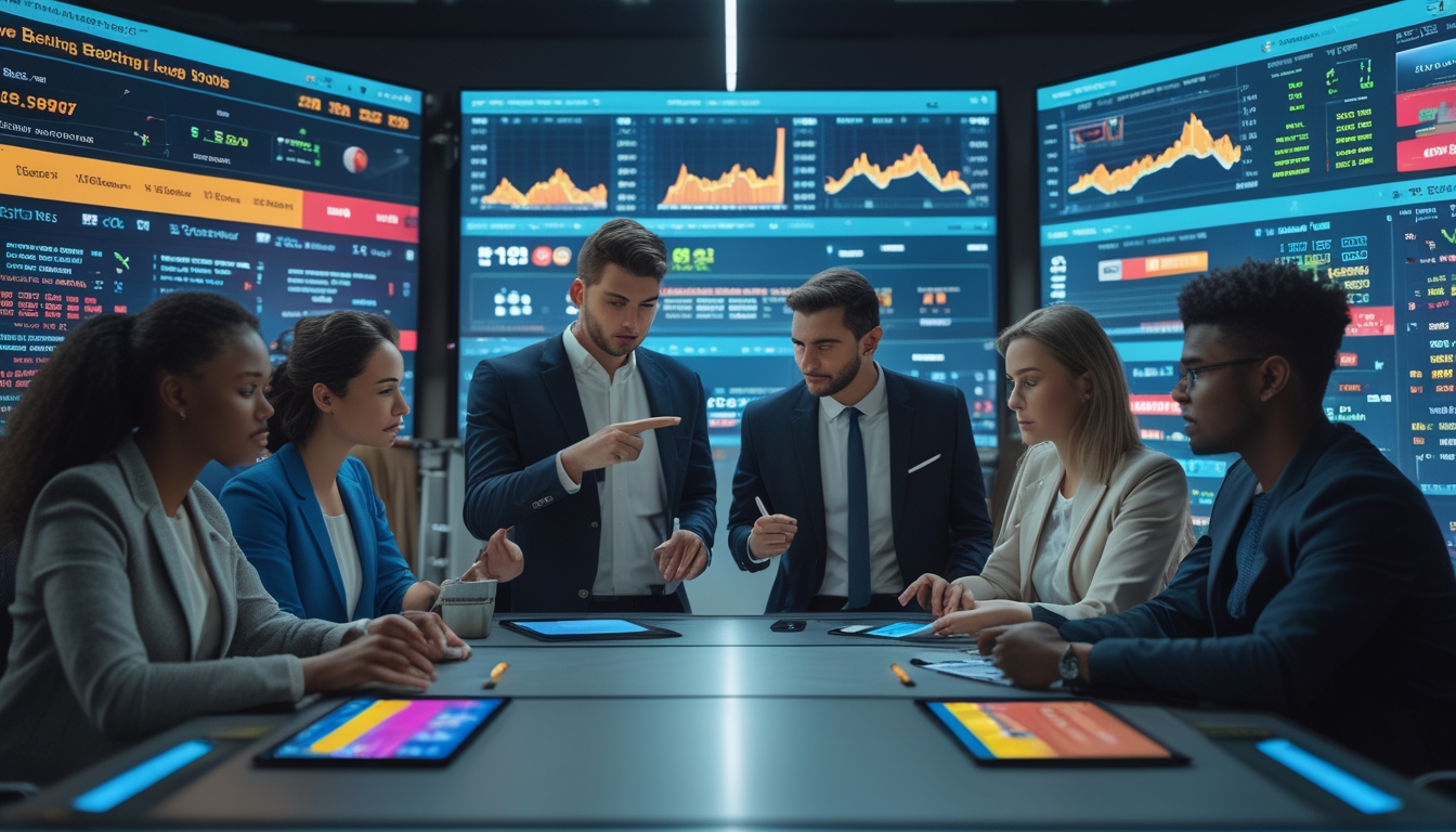 Sekelompok orang muda sedang berdiskusi dan menganalisis data taruhan langsung dengan layar digital yang menampilkan angka dan grafik taruhan olahraga.