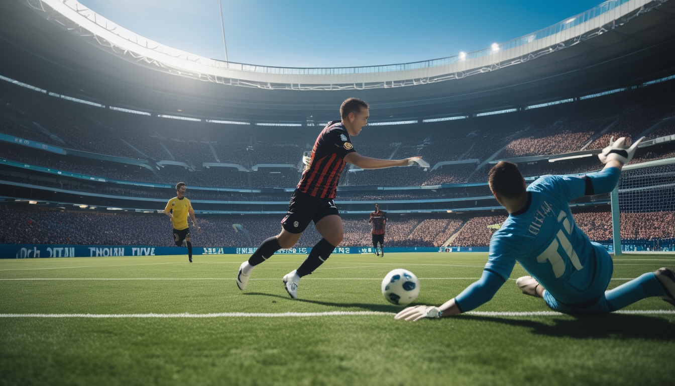 Pertandingan sepak bola intens di stadion besar dengan dua pemain beraksi dan kiper mencoba menyelamatkan bola.