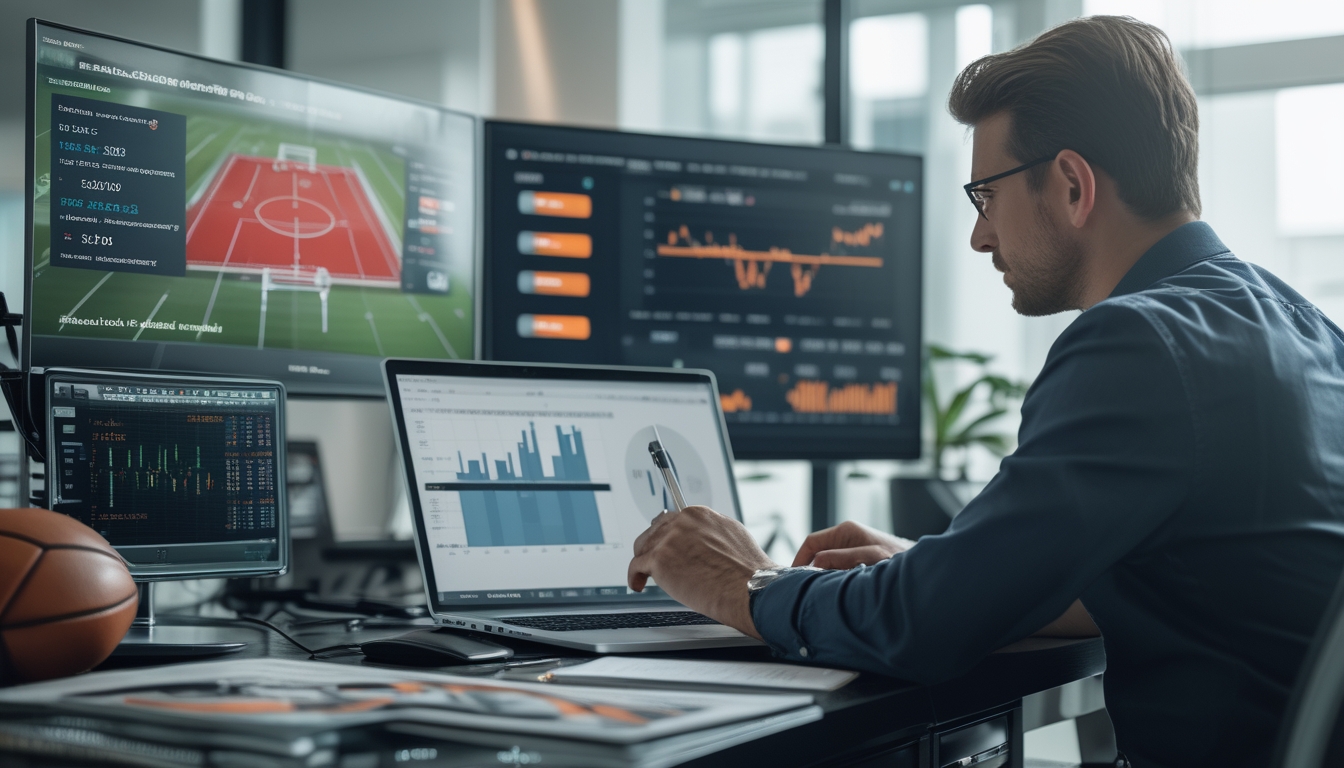 Seorang analis sepak bola sedang mempelajari statistik dan prediksi skor pertandingan di depan beberapa layar komputer di kantor.