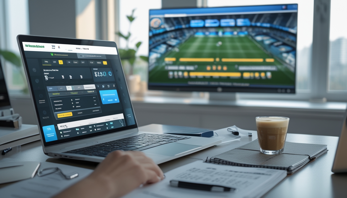 Sebuah ruang kerja modern dengan laptop yang menampilkan situs taruhan olahraga dan layar besar menampilkan pertandingan sepak bola secara langsung.