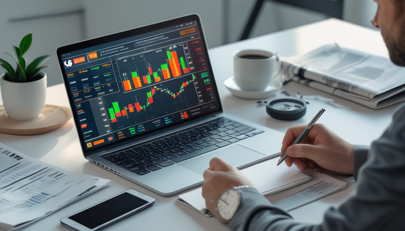 Seorang pria sedang menganalisis data taruhan olahraga di depan laptop dengan grafik dan angka odds taruhan, di meja terdapat ponsel, kopi, dan kertas catatan.