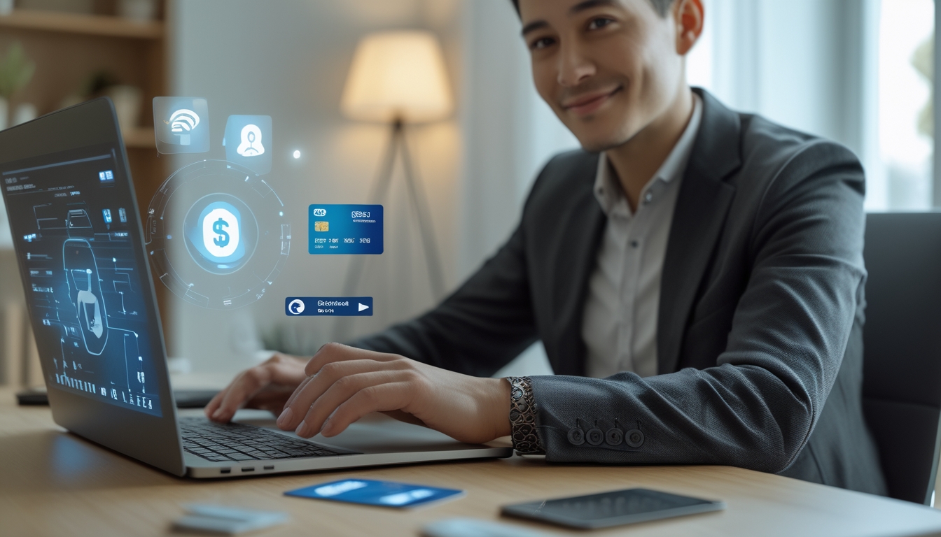 Seseorang sedang menggunakan laptop di ruang kerja rumah yang terang dengan perangkat dan simbol transaksi online di meja.