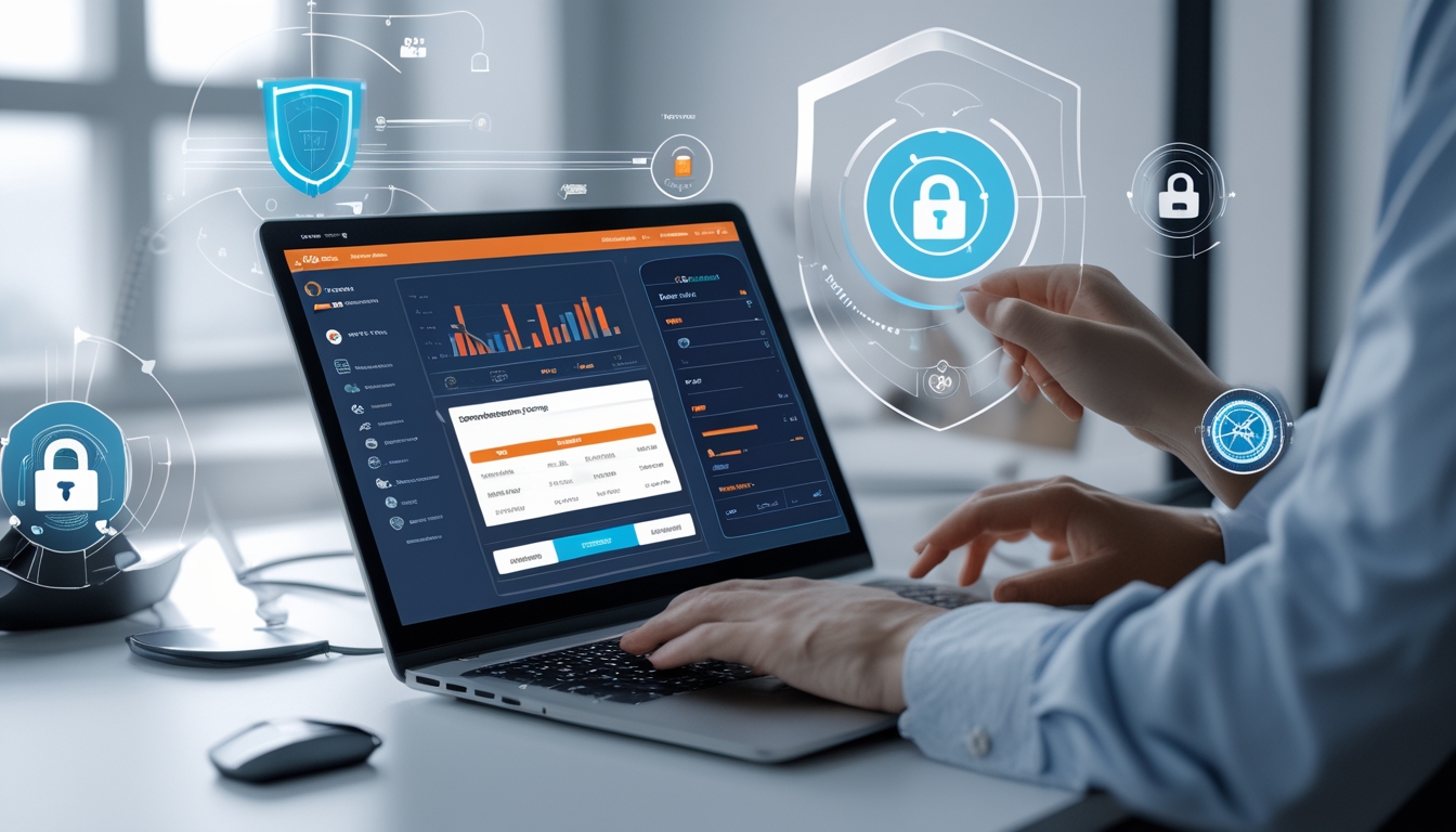 Seorang pengguna sedang mengakses platform judi online yang aman di laptop dengan simbol keamanan digital di latar belakang.