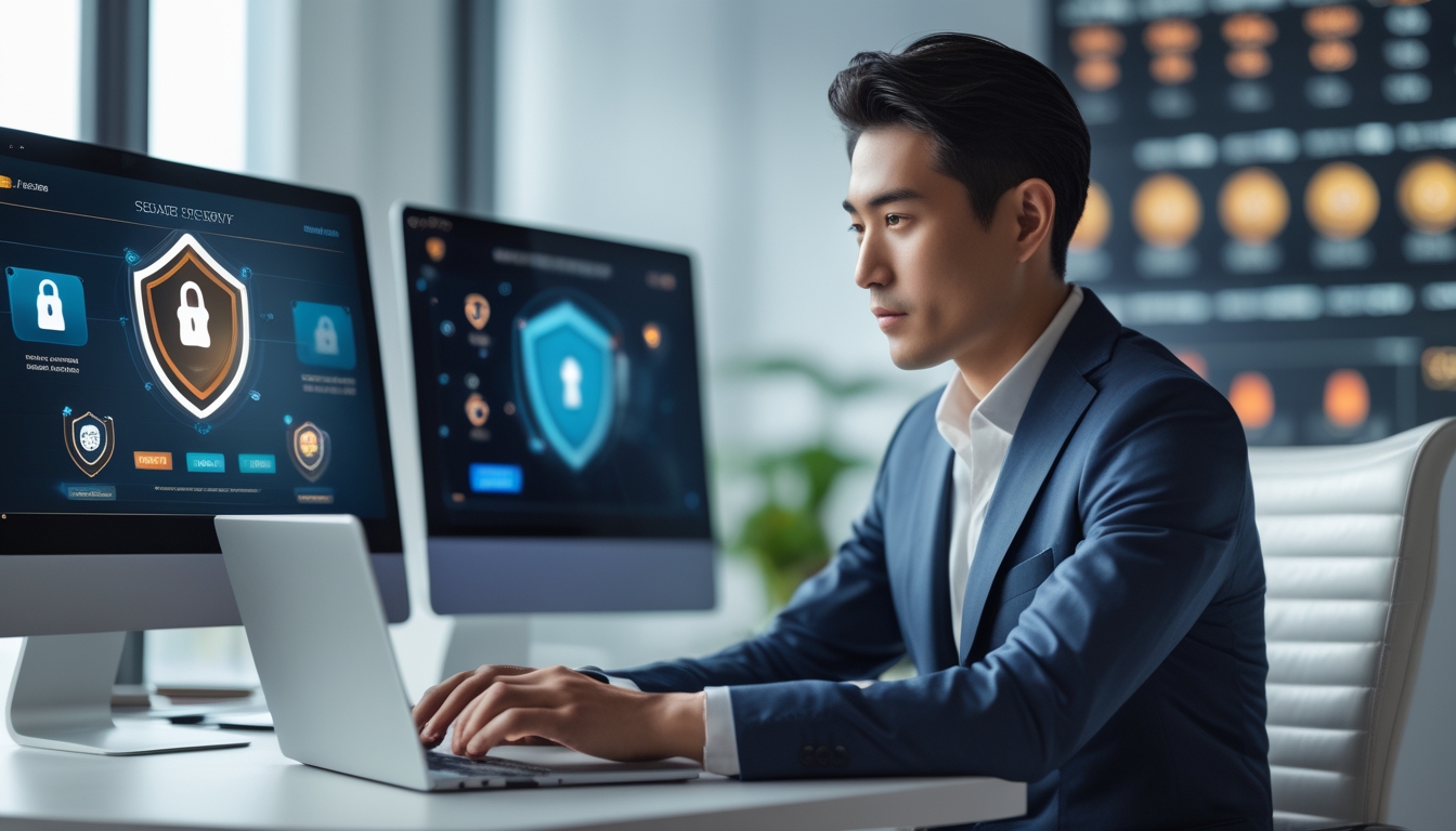 Seorang pria Asia duduk di meja modern dengan beberapa layar digital yang menampilkan platform judi online yang aman dan legal.