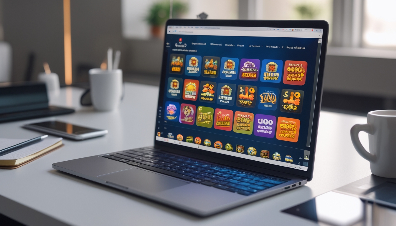 Sebuah laptop di meja kerja menampilkan situs judi online dengan berbagai ikon permainan kasino dan penawaran bonus, dikelilingi oleh cangkir kopi, ponsel, dan buku catatan.