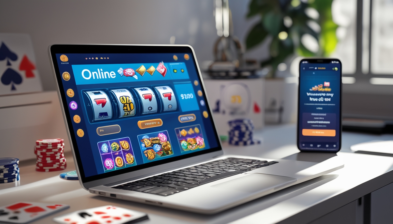 Seorang pria menggunakan laptop dan smartphone di meja dengan tampilan permainan judi online dan simbol taruhan digital di sekitarnya.