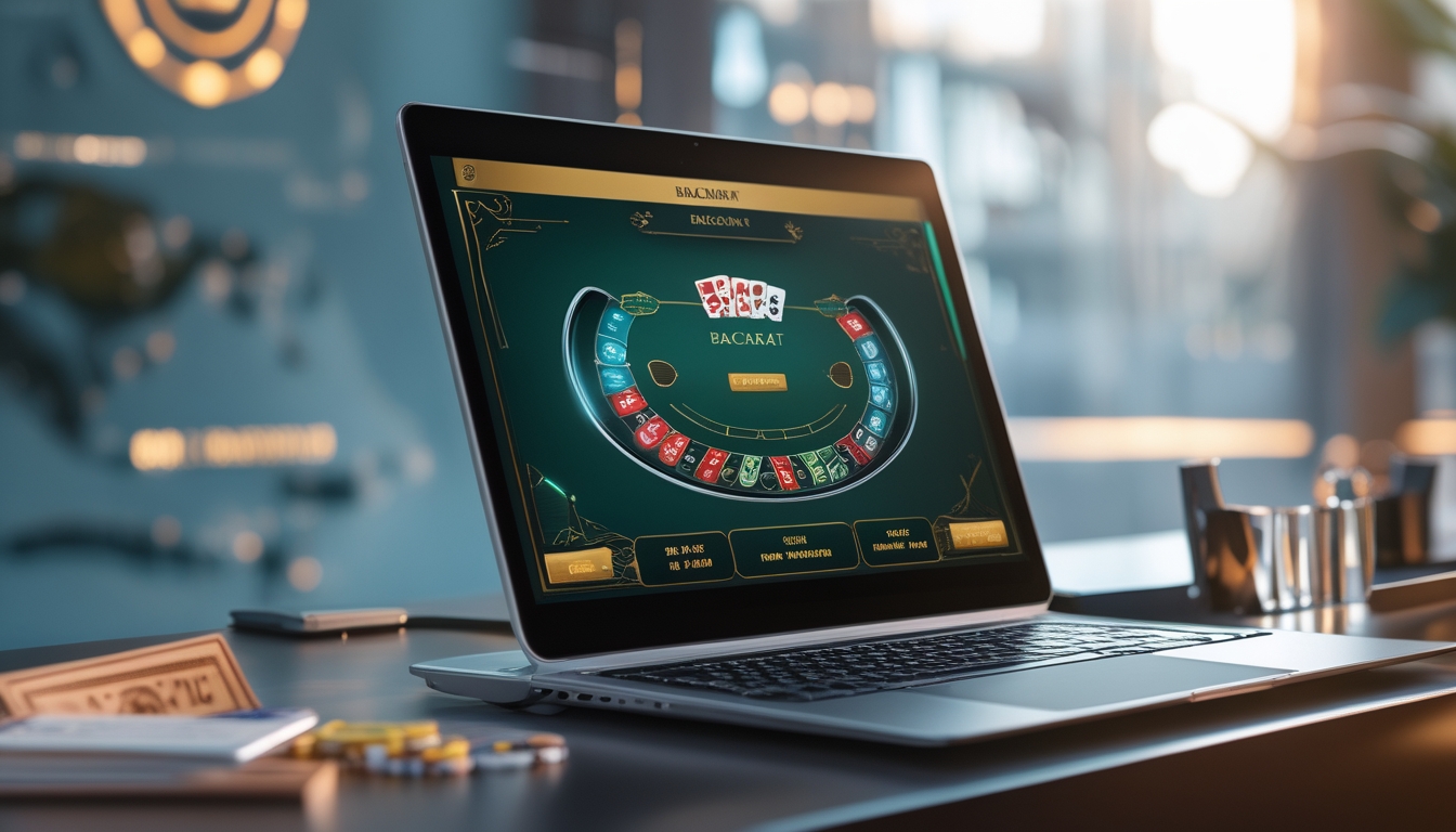 Seorang pemain sedang menggunakan komputer dengan tampilan permainan baccarat online di layar, dengan latar belakang peta dunia yang samar dan suasana kasino modern.