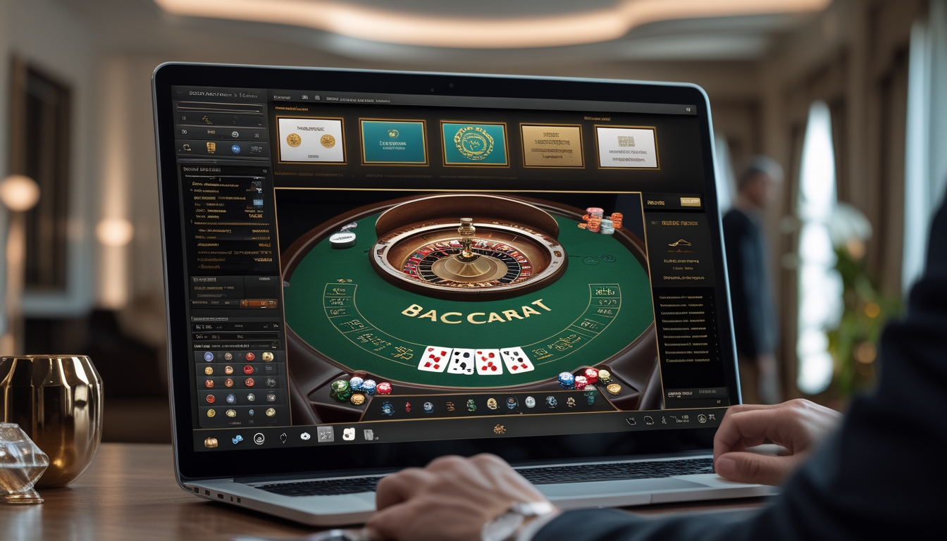 Seseorang menggunakan komputer dengan tampilan permainan baccarat online dan sertifikat lisensi di latar belakang.