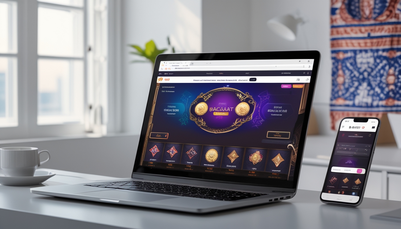 Meja kerja dengan laptop dan ponsel yang menampilkan permainan baccarat online, dengan bendera Indonesia kecil dan pola batik di latar belakang.