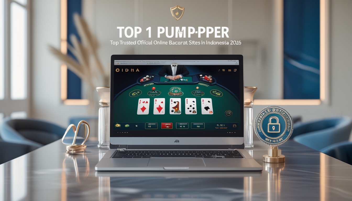 Sebuah laptop modern menampilkan permainan baccarat online dengan latar belakang yang menunjukkan simbol keamanan dan kepercayaan.
