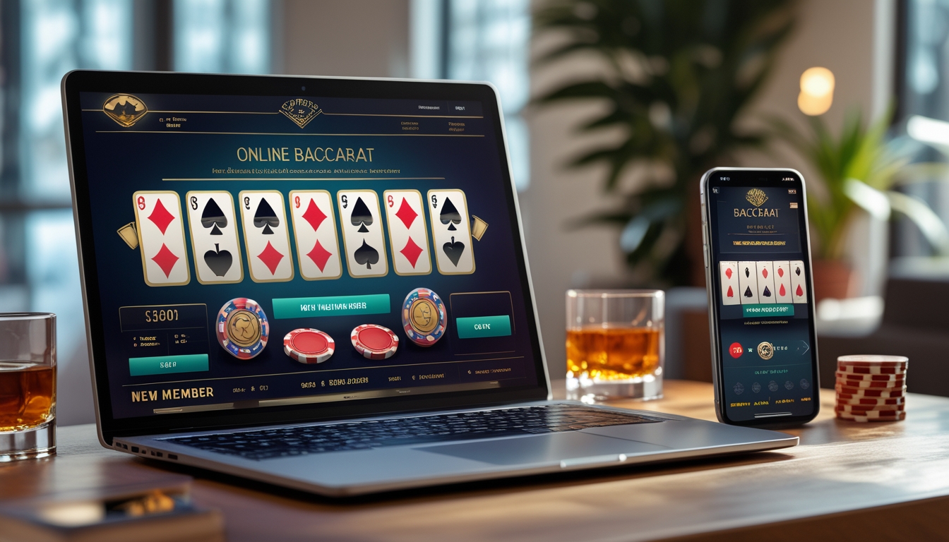 Seorang pria menggunakan laptop dan ponsel untuk bermain baccarat online di meja kerja yang rapi dengan suasana yang nyaman.