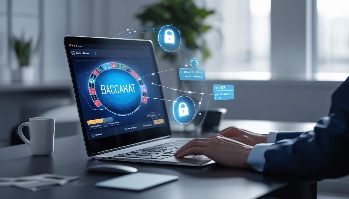 Seorang pengguna sedang bermain permainan baccarat online di komputer dengan latar belakang ruangan yang rapi dan pencahayaan terang.
