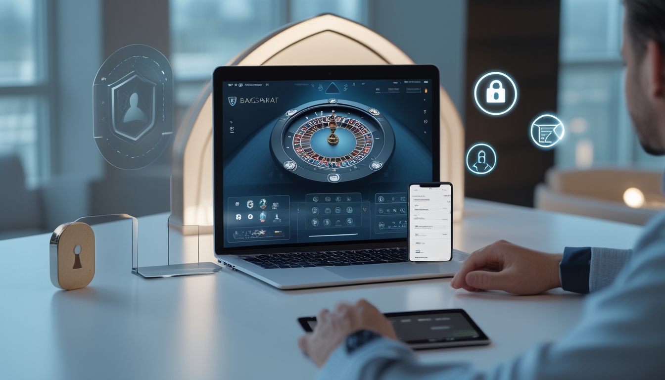 Seseorang menggunakan komputer dengan tampilan permainan baccarat online, dikelilingi simbol keamanan dan transaksi cepat.