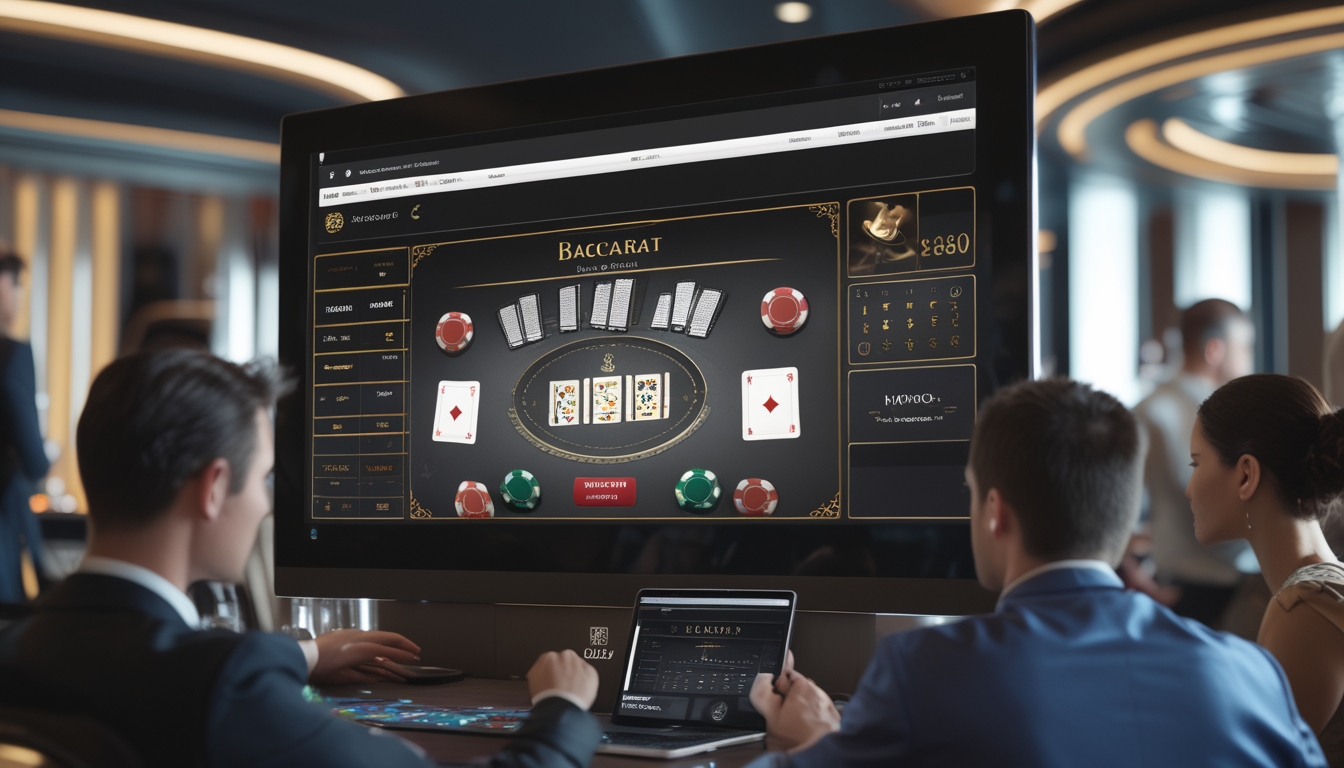 Suasana permainan baccarat online dengan layar digital, kartu, dan chip di lingkungan kasino modern yang mewah.