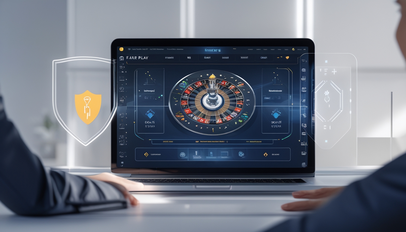 Sebuah meja dengan komputer menampilkan permainan baccarat online dengan simbol keadilan dan keamanan di sekitarnya.
