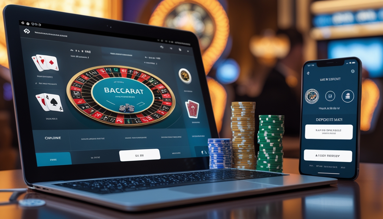 Seseorang menggunakan laptop dan ponsel untuk bermain baccarat online dengan suasana kasino yang hangat di latar belakang.