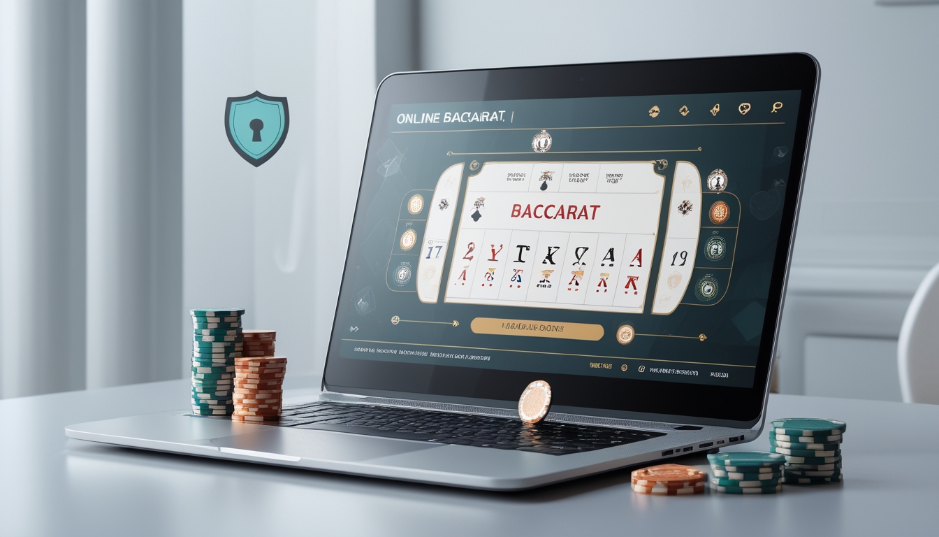 Sebuah meja dengan komputer menampilkan permainan baccarat online, dikelilingi oleh chip kasino dan simbol keamanan.