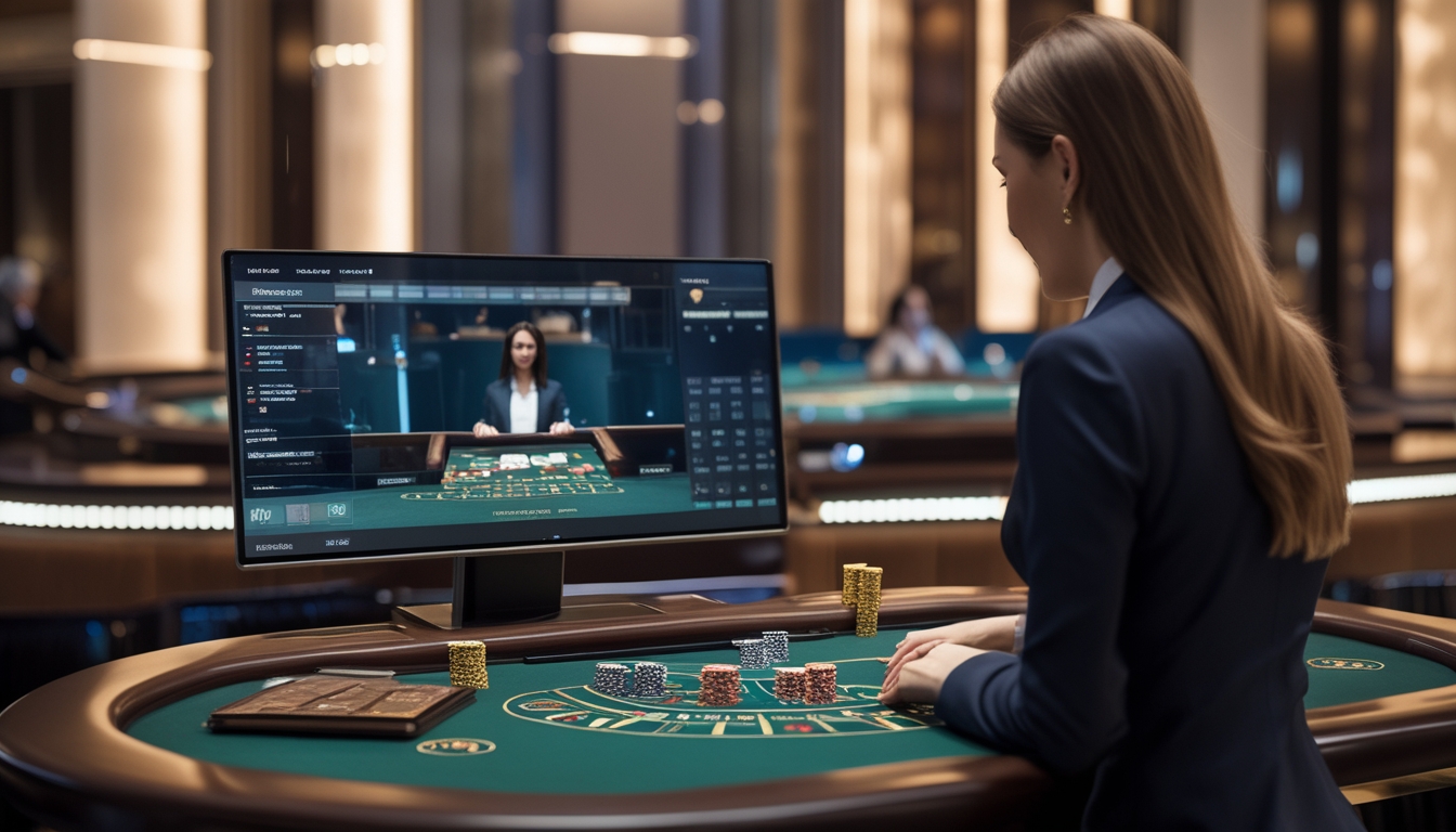 Seorang dealer live baccarat yang elegan sedang melayani di meja permainan dalam suasana kasino modern dengan layar streaming HD yang menampilkan permainan secara langsung.