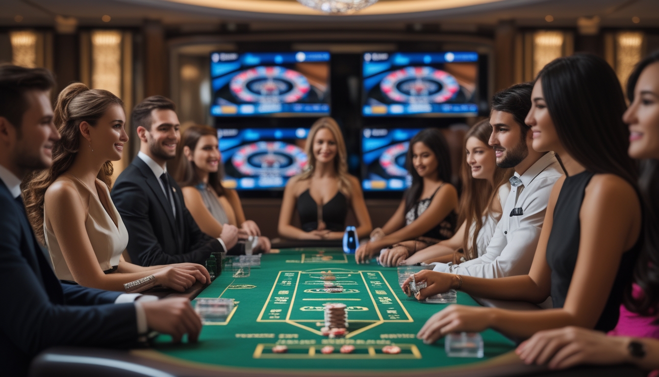 Seorang dealer live yang profesional sedang memimpin permainan baccarat dengan beberapa pemain yang fokus di meja permainan di kasino.