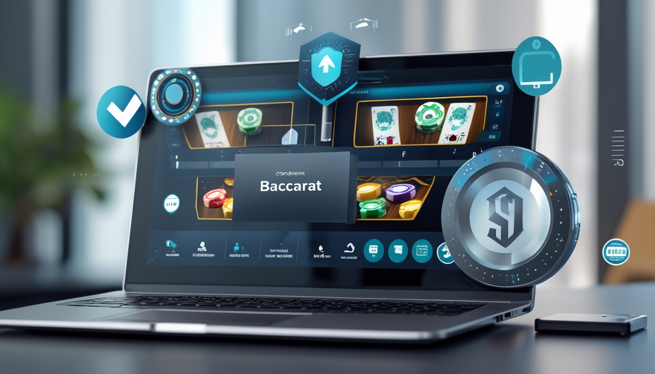 Sebuah laptop menampilkan permainan baccarat online dengan kartu dan chip di meja, dikelilingi oleh simbol keamanan dan pembayaran digital di ruang kerja modern.